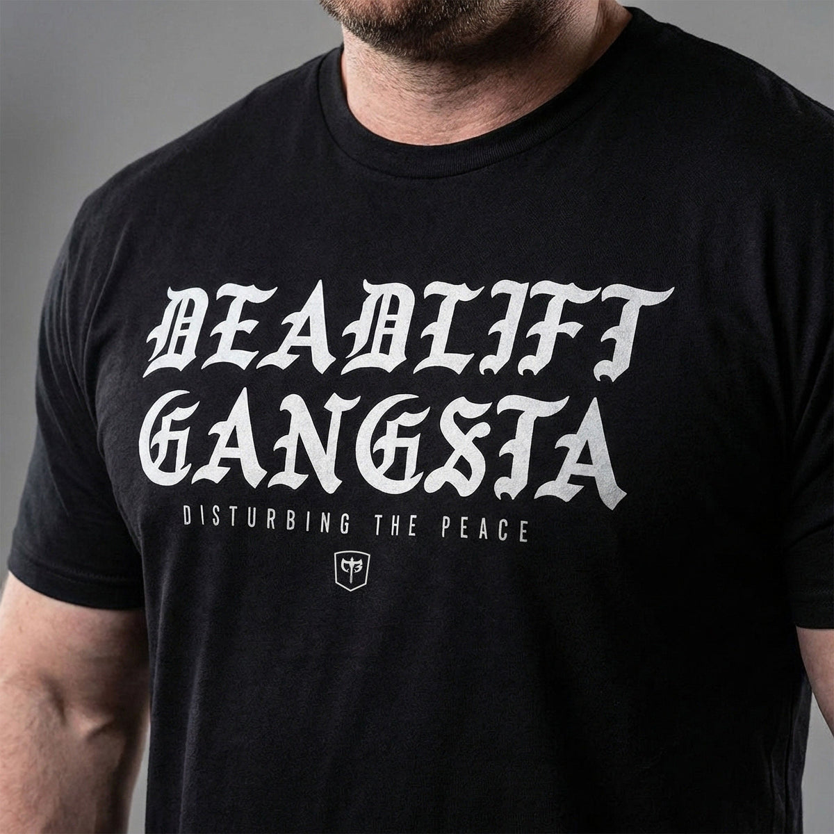 Deadlift Gangsta tee in Black: DEADLIFT GANGSTA in bold white blackletter across the chest