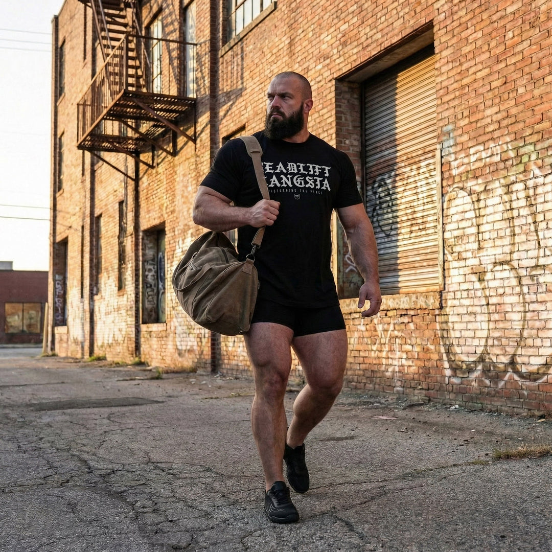 Deadlift Gangsta tee in Black: DEADLIFT GANGSTA in bold white blackletter across the chest