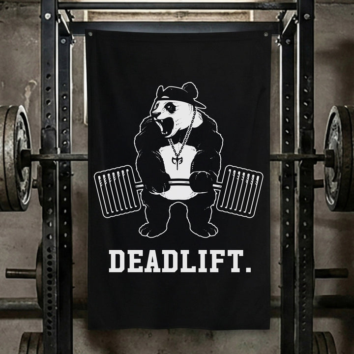Deadlift Panda Flag - Polyester Flag, vertical black gym flag with panda in a ball cap locking out a deadlift - Conquering Barbell