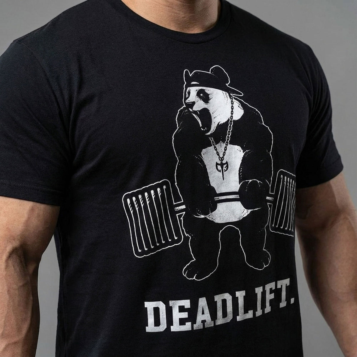 Deadlift Panda tee in Black: a panda in a ball cap and gold chain locking out a loaded barbell
