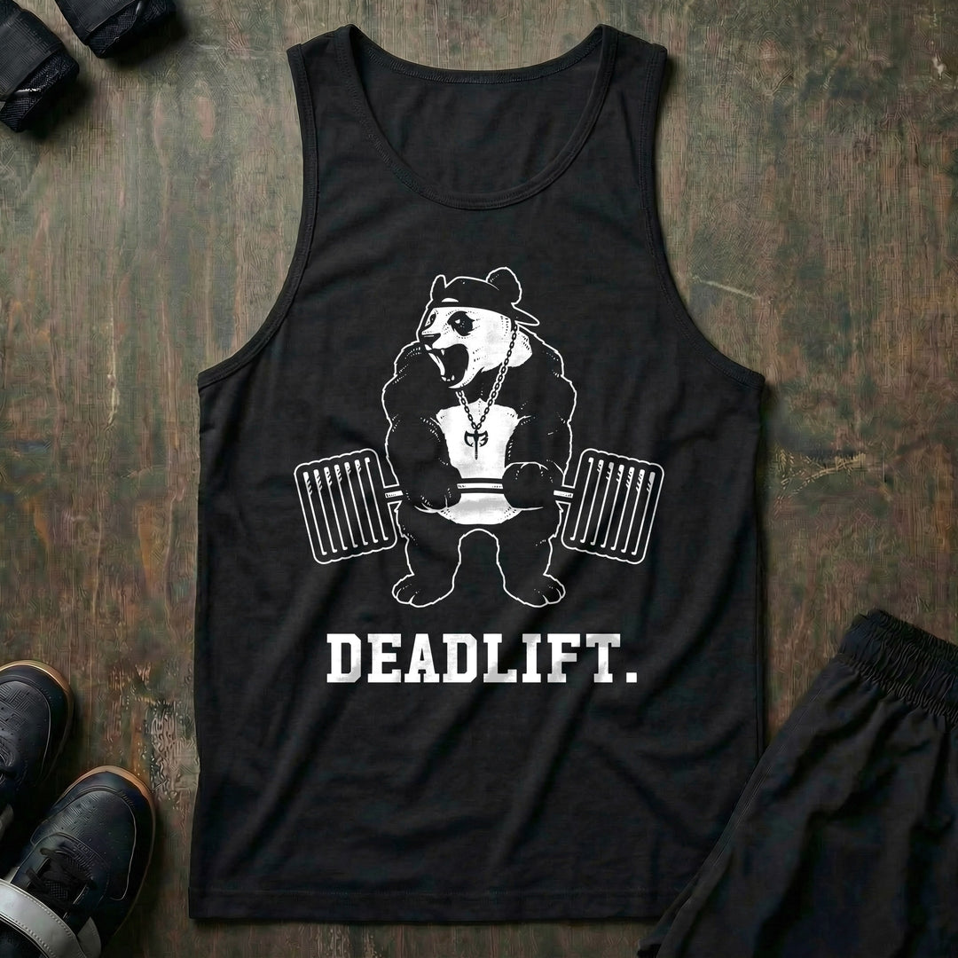 Deadlift Panda black tank top by Conquering Barbell