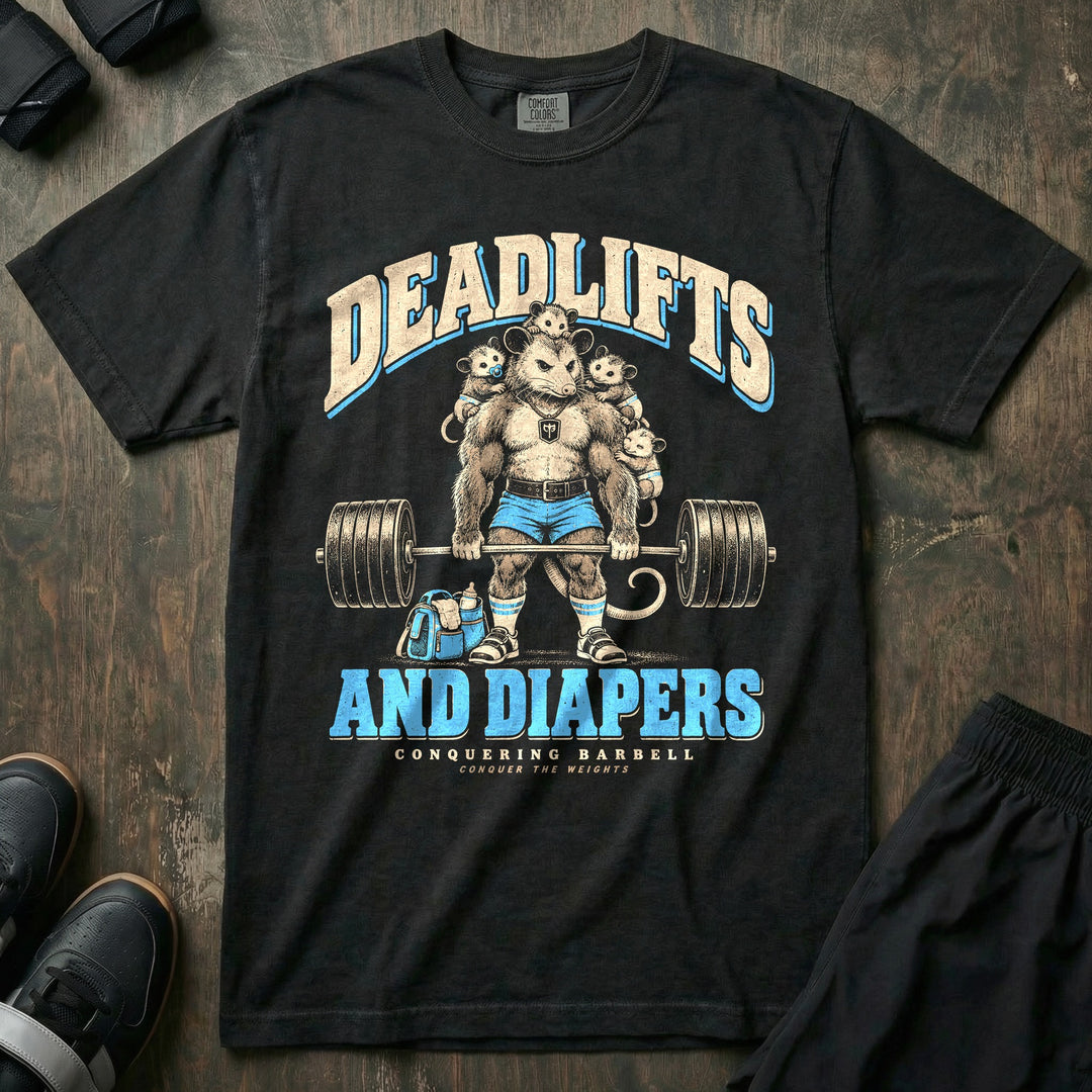 Deadlifts and Diapers - Relaxed Fit Tee front graphic in Black with an opossum dad deadlifting a loaded barbell with four baby opossums clinging to him and a diaper bag at his feet - Conquering Barbell
