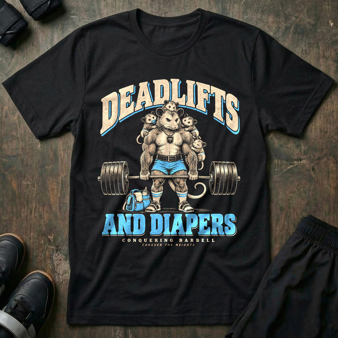 Deadlifts and Diapers - Tee front graphic in Black with an opossum dad deadlifting a loaded barbell with four baby opossums clinging to him and a diaper bag at his feet - Conquering Barbell