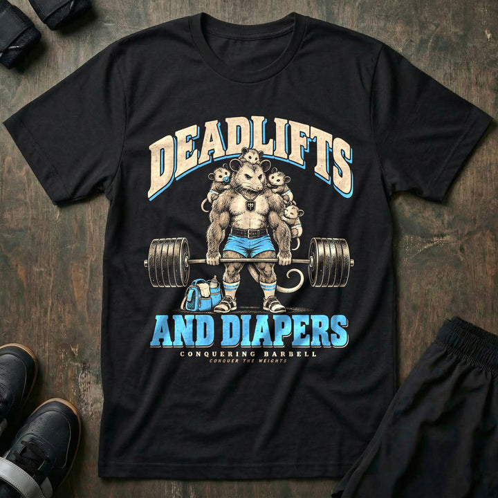 Deadlifts and Diapers - Tee front graphic in Black with an opossum dad deadlifting a loaded barbell with four baby opossums clinging to him and a diaper bag at his feet - Conquering Barbell