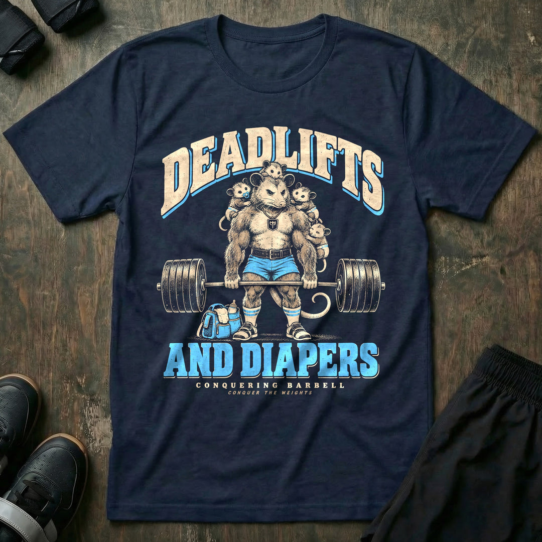 Deadlifts and Diapers - Tee front graphic in Navy with an opossum dad deadlifting a loaded barbell with four baby opossums clinging to him and a diaper bag at his feet - Conquering Barbell
