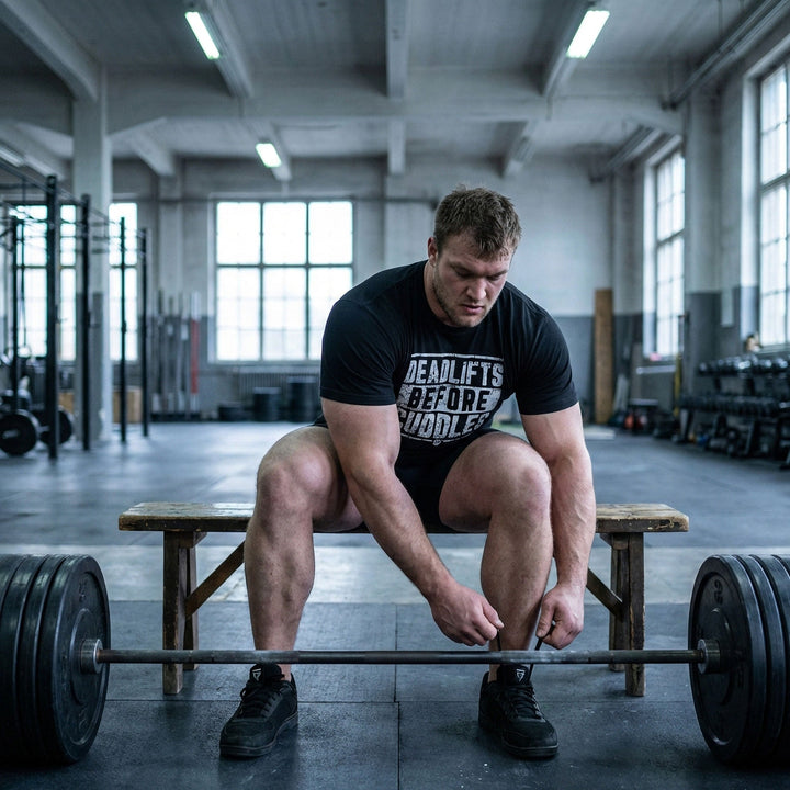 Deadlifts Before Cuddles - on Black Tee - Conquering Barbell