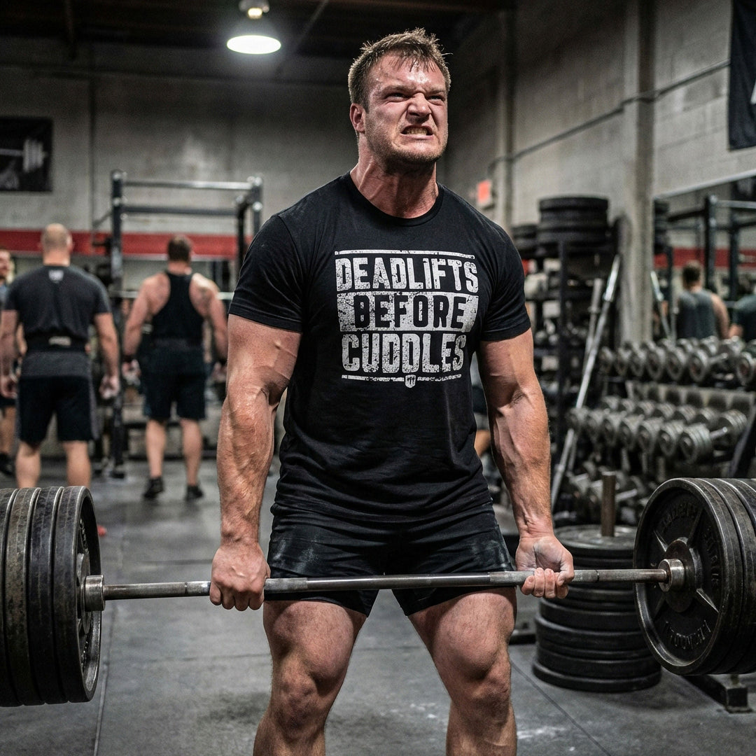 Deadlifts Before Cuddles - on Black Tee - Conquering Barbell