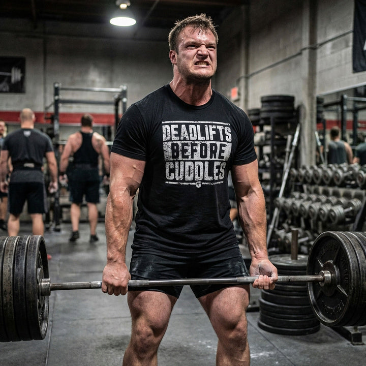 Deadlifts Before Cuddles - on Black Tee - Conquering Barbell
