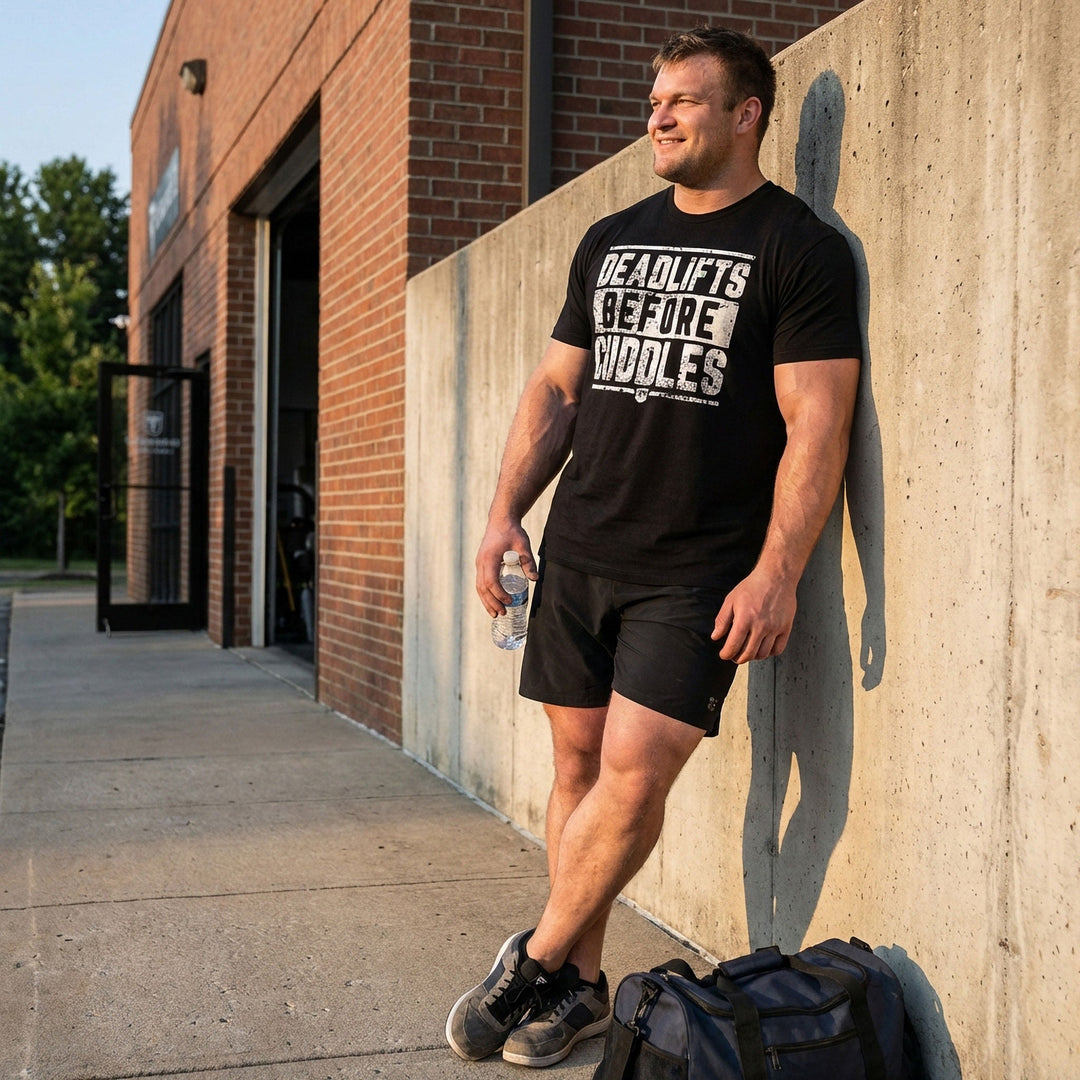 Deadlifts Before Cuddles - on Black Tee - Conquering Barbell