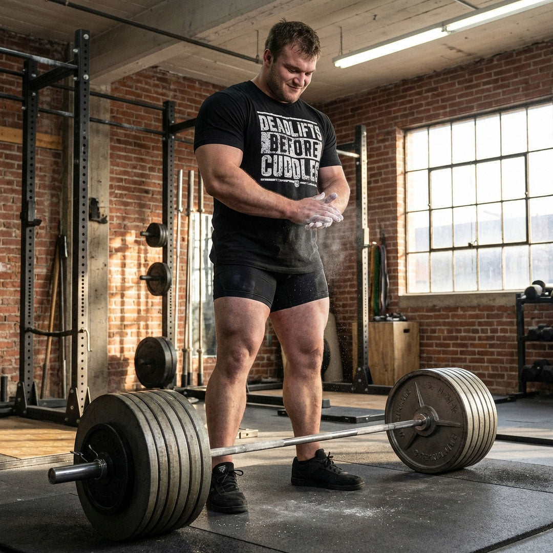 Deadlifts Before Cuddles - on Black Tee - Conquering Barbell