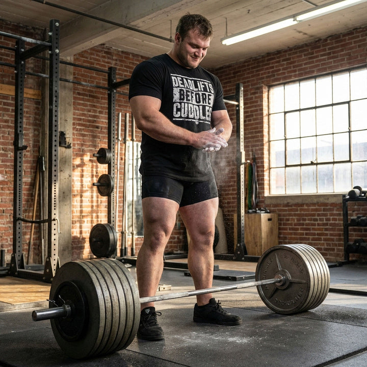 Deadlifts Before Cuddles - on Black Tee - Conquering Barbell