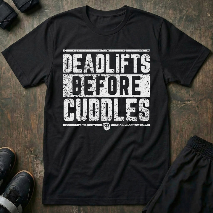 Deadlifts Before Cuddles - on Black Tee - Conquering Barbell