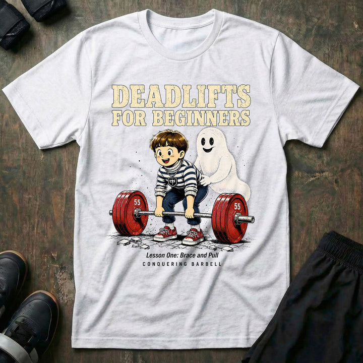 Deadlifts for Beginners tee in White: a retro anime kid setting up on a loaded barbell