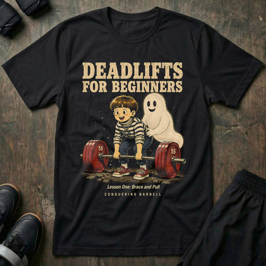 Deadlifts for Beginners tee in Black: a retro anime kid setting up on a loaded barbell
