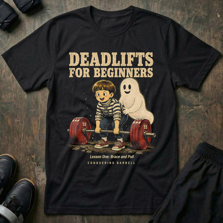 Deadlifts for Beginners tee in Black: a retro anime kid setting up on a loaded barbell