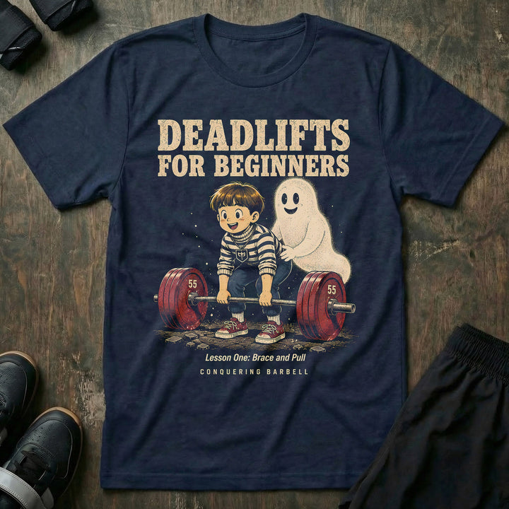 Deadlifts for Beginners tee in Navy: a retro anime kid setting up on a loaded barbell