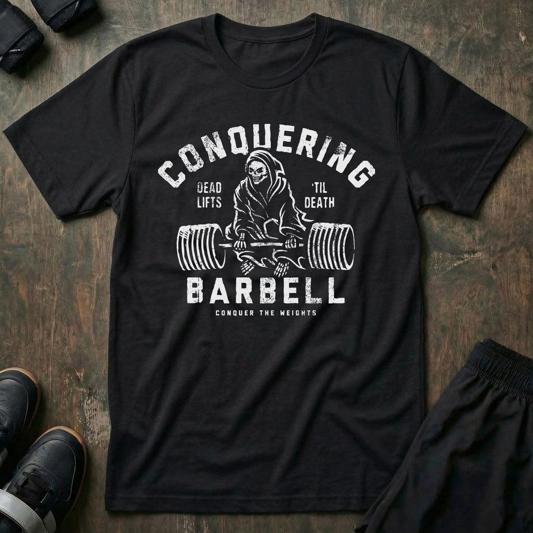Deadlifts 'Til Death tee in Black: the grim reaper locking out a loaded deadlift