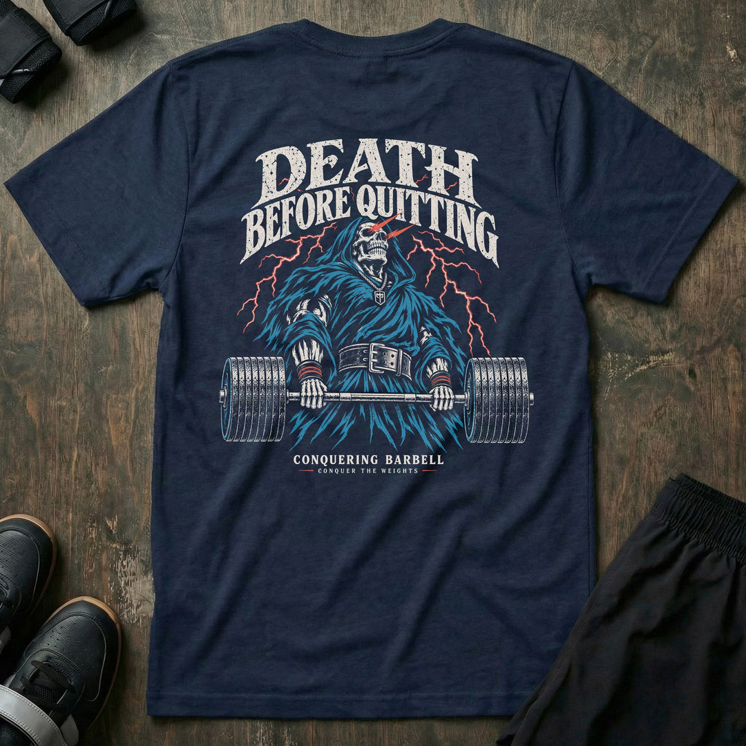 Death Before Quitting tee in Navy: the Grim Reaper behind a loaded bar mid-pull