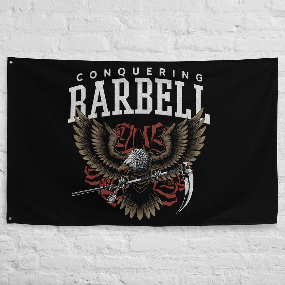 Death Eagle - Polyester Flag, horizontal gym flag hanging in a home gym - Conquering Barbell