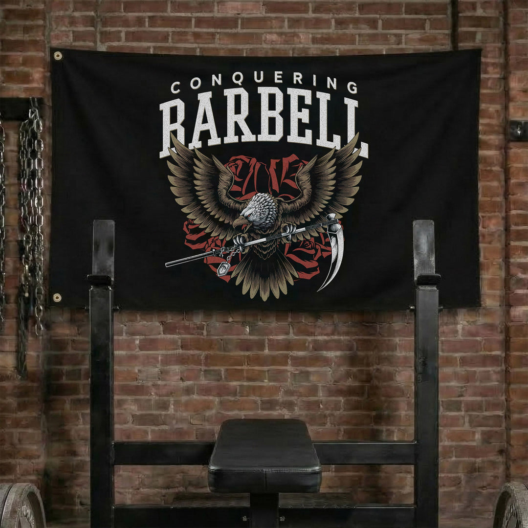 Death Eagle - Polyester Flag, horizontal black gym flag with skull-headed eagle with wings spread wide - Conquering Barbell