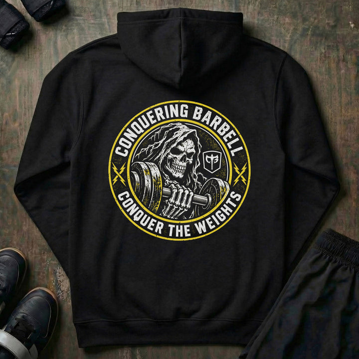 Death Grip pullover hoodie in Black: a hooded reaper crushing a loaded dumbbell inside a bold circular crest