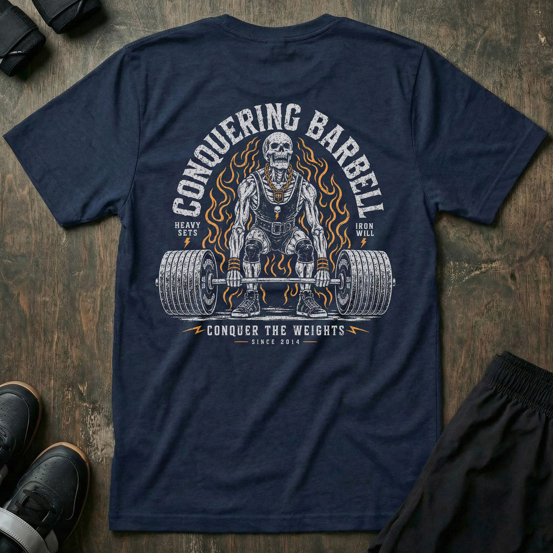 Death Pull tee in Navy: a jacked skeleton lifter at the setup of a max deadlift in a singlet