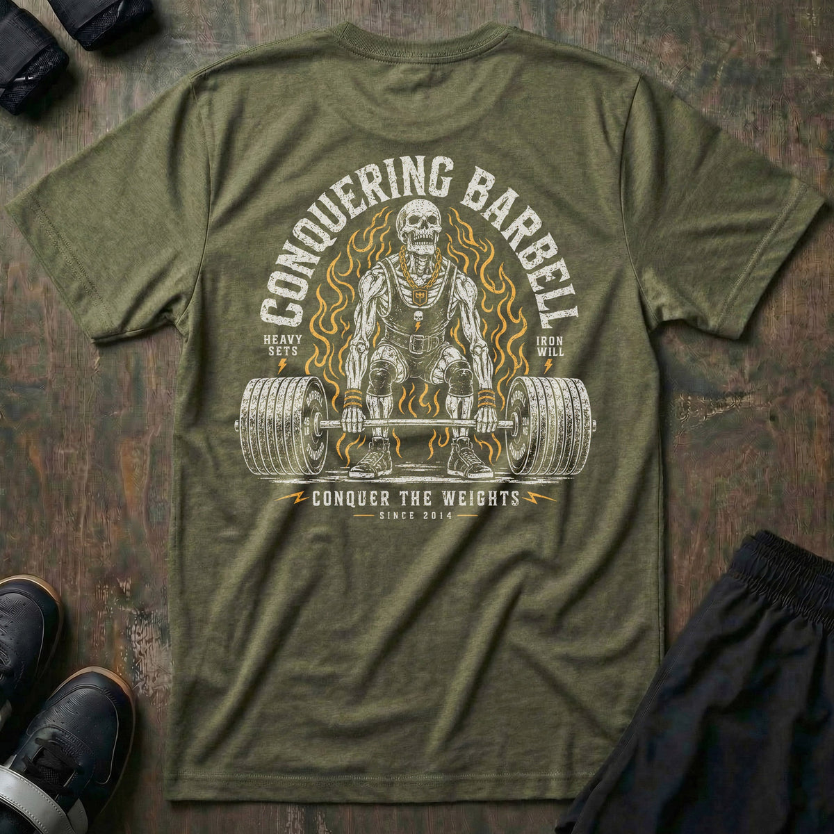 Death Pull tee in Military: a jacked skeleton lifter at the setup of a max deadlift in a singlet