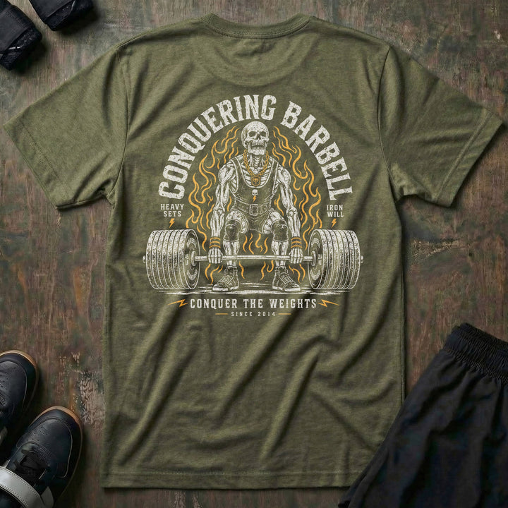 Death Pull tee in Military: a jacked skeleton lifter at the setup of a max deadlift in a singlet