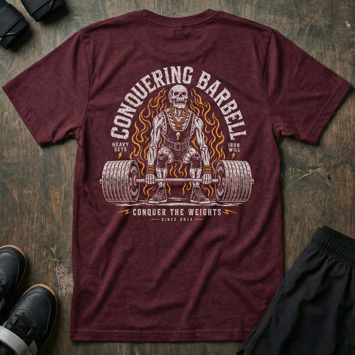 Death Pull tee in Maroon: a jacked skeleton lifter at the setup of a max deadlift in a singlet