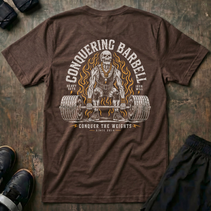 Death Pull tee in Expresso: a jacked skeleton lifter at the setup of a max deadlift in a singlet