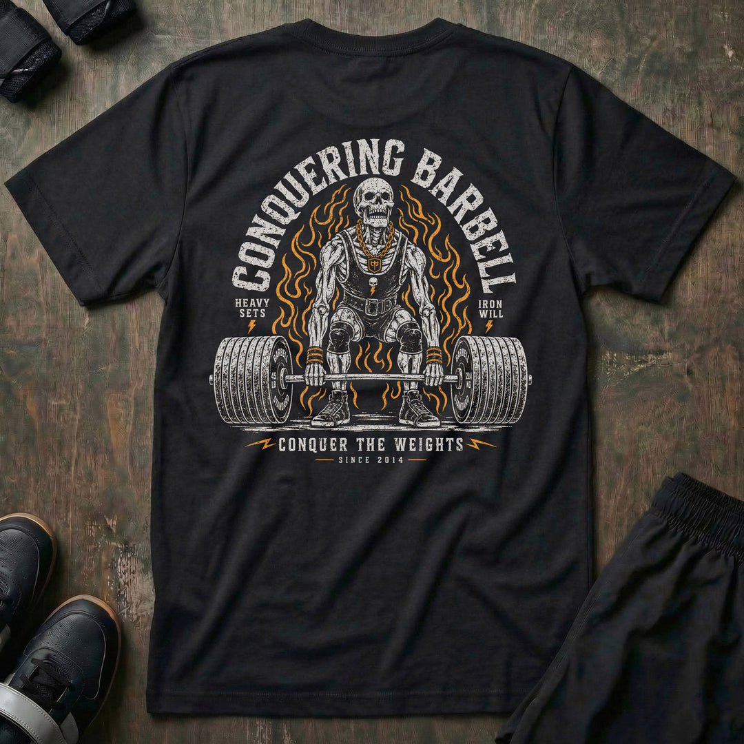 Death Pull tee in Black: a jacked skeleton lifter at the setup of a max deadlift in a singlet
