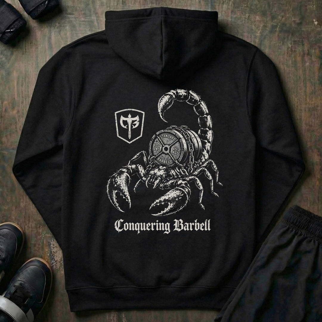 Deathstalker pullover hoodie in Black: a battle-worn scorpion wrapped around chained 100-pound plates