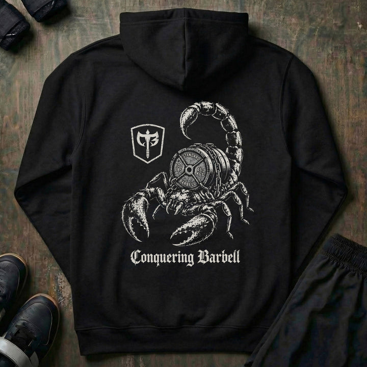 Deathstalker pullover hoodie in Black: a battle-worn scorpion wrapped around chained 100-pound plates