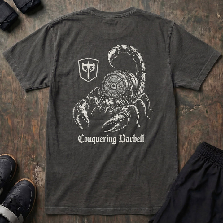 Deathstalker relaxed fit tee in Pepper: a battle-worn scorpion wrapped around chained 100-pound plates