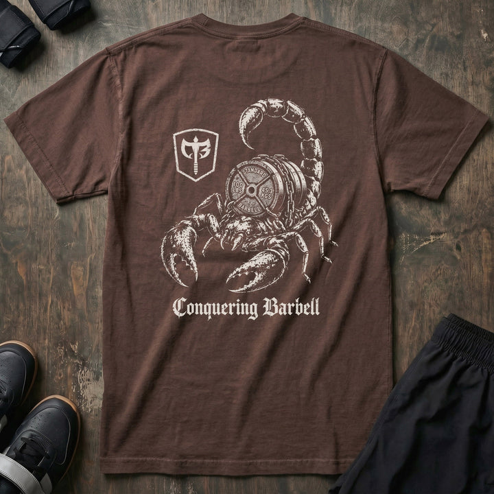Deathstalker relaxed fit tee in Expresso: a battle-worn scorpion wrapped around chained 100-pound plates