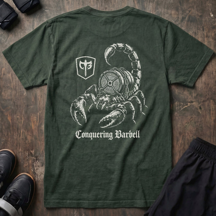 Deathstalker relaxed fit tee in Moss: a battle-worn scorpion wrapped around chained 100-pound plates