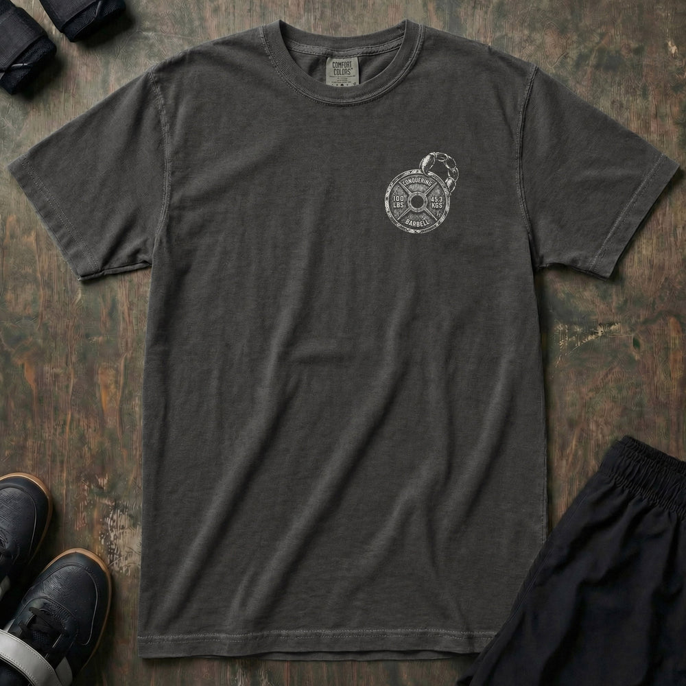 Deathstalker relaxed fit tee: a battle-worn scorpion wrapped around chained 100-pound plates