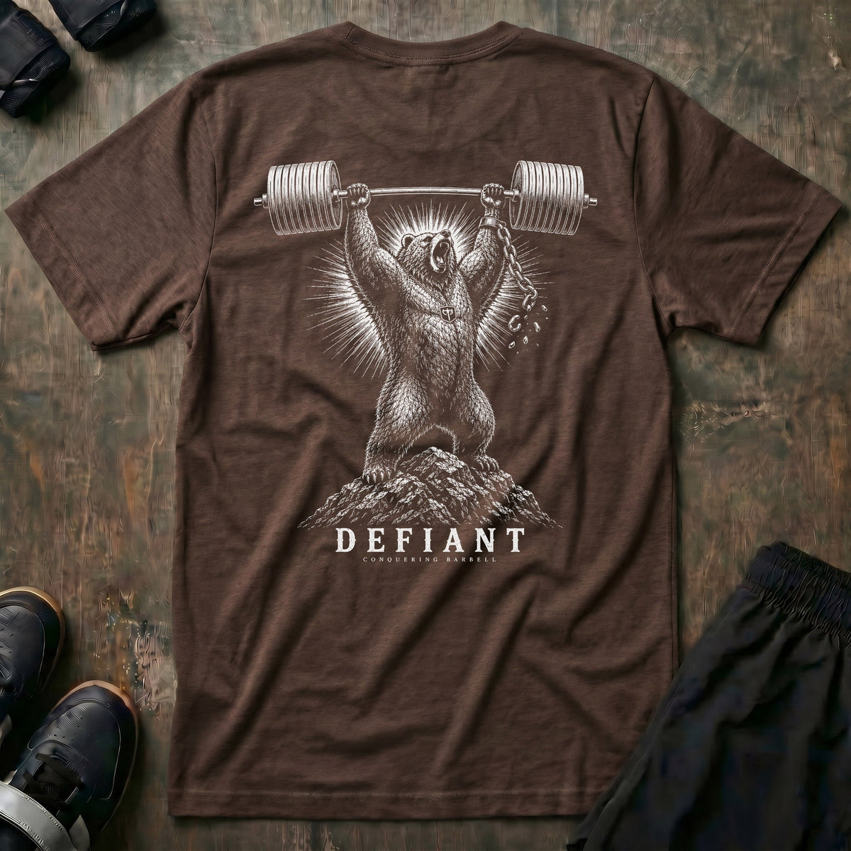 Defiant tee in Expresso: a grizzly standing atop a rocky summit