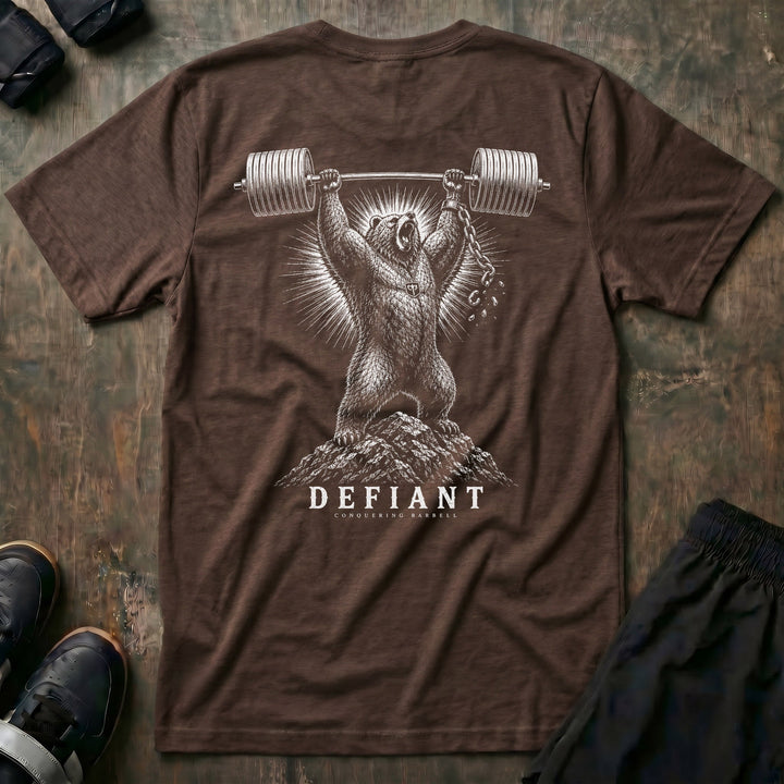 Defiant tee in Expresso: a grizzly standing atop a rocky summit