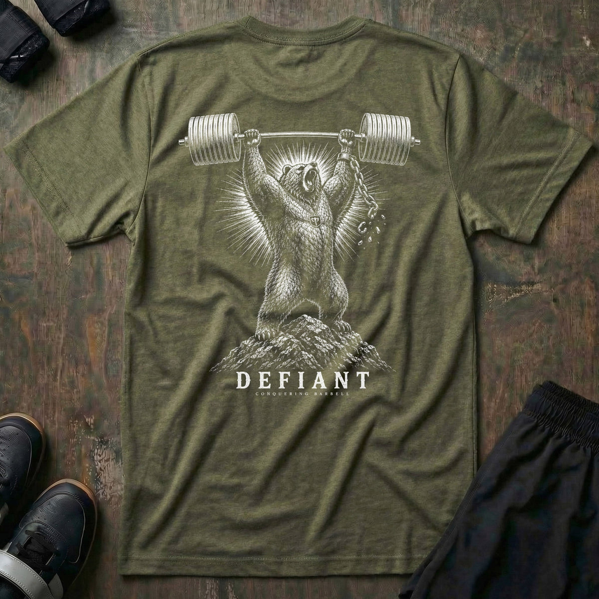 Defiant tee in Military: a grizzly standing atop a rocky summit