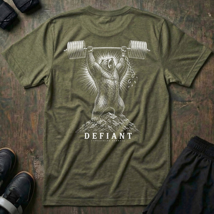 Defiant tee in Military: a grizzly standing atop a rocky summit