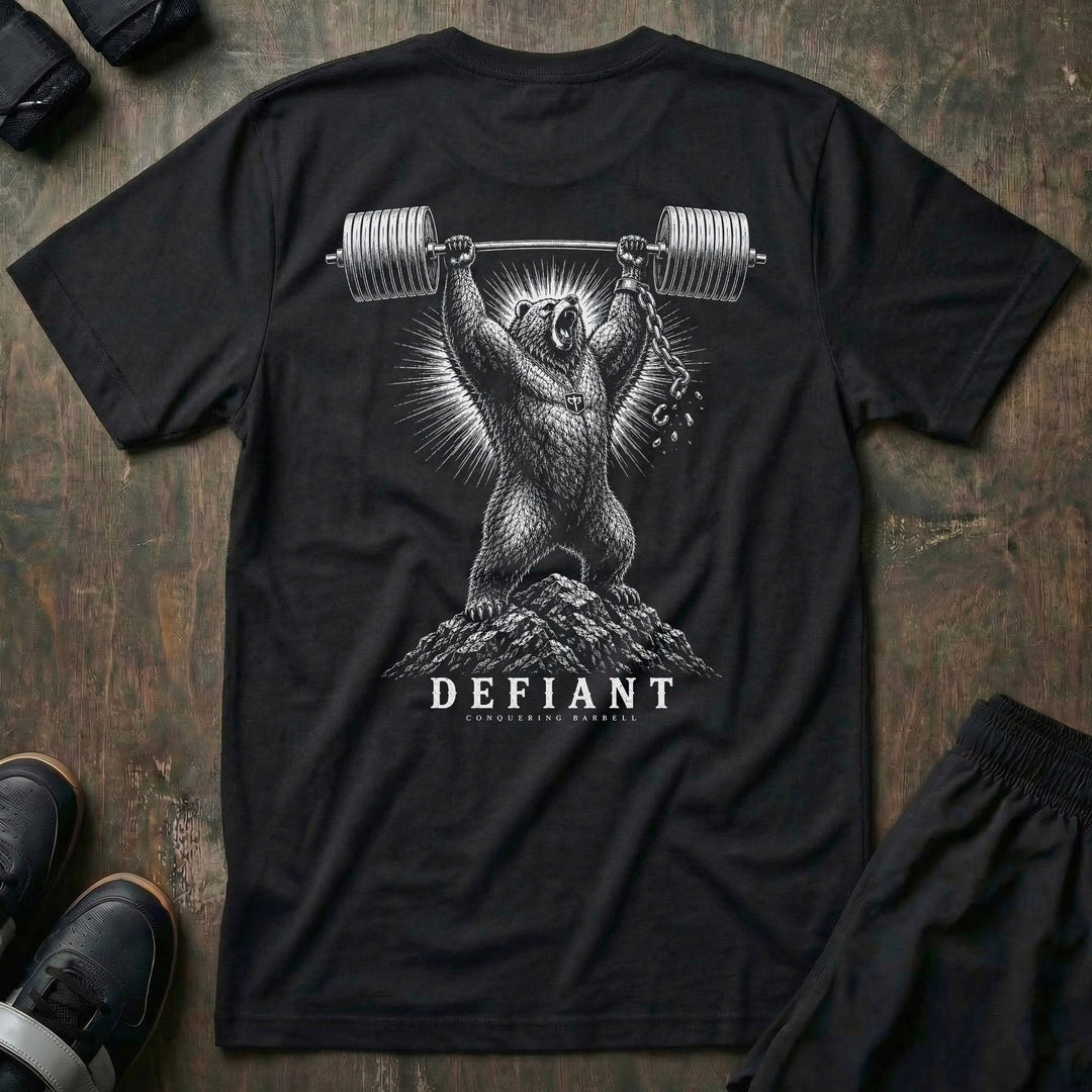 Defiant tee in Black: a grizzly standing atop a rocky summit