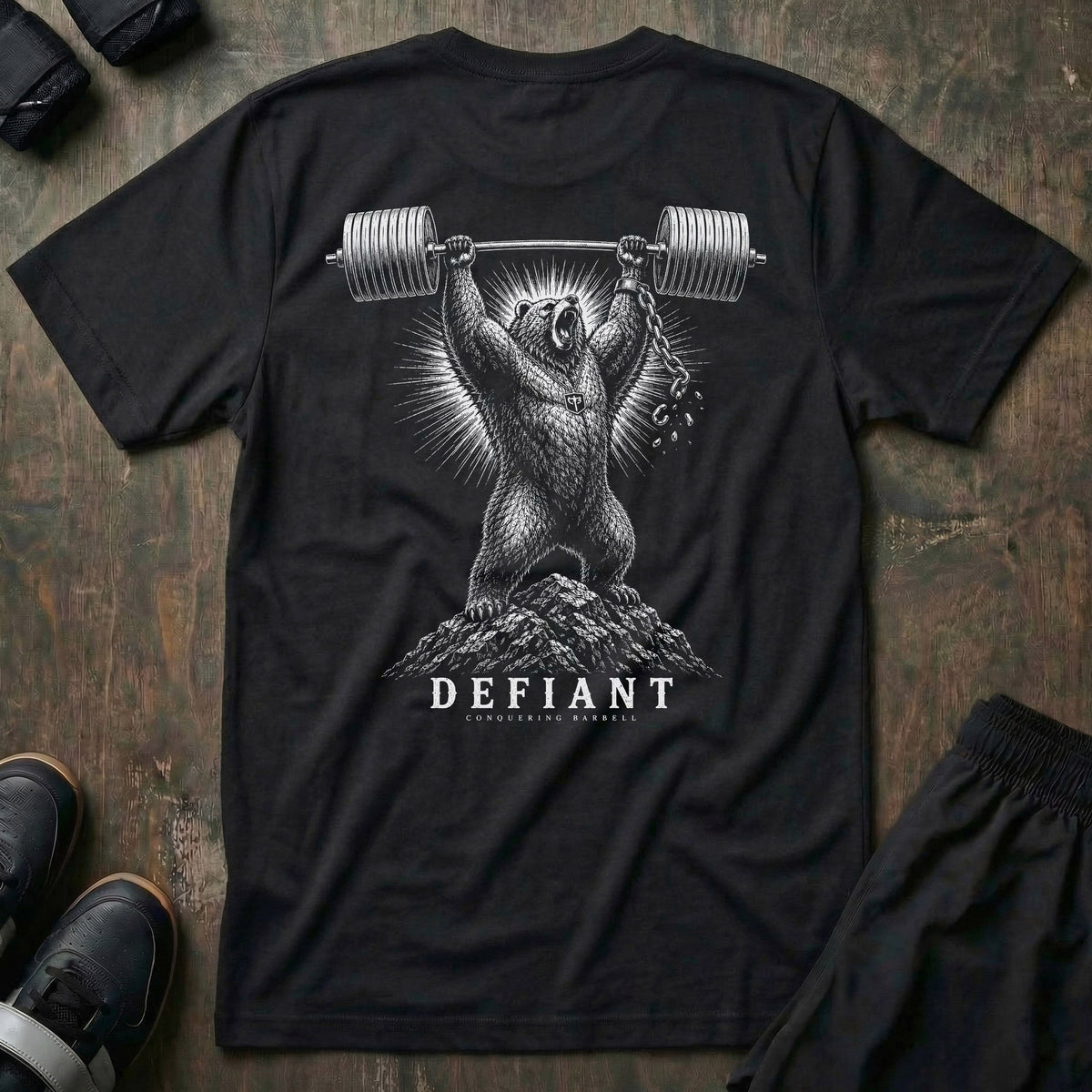 Defiant tee in Black: a grizzly standing atop a rocky summit