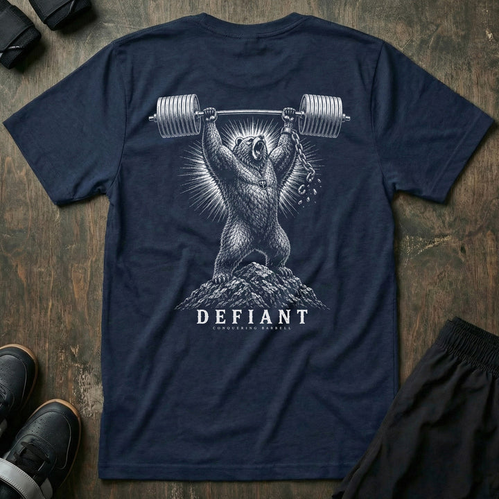 Defiant tee in Navy: a grizzly standing atop a rocky summit