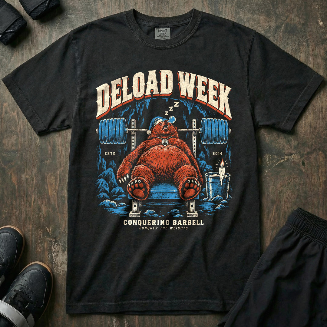 Deload Week - Relaxed Fit Tee front graphic in Black with a bear in a nightcap asleep on the bench under a loaded barbell - Conquering Barbell