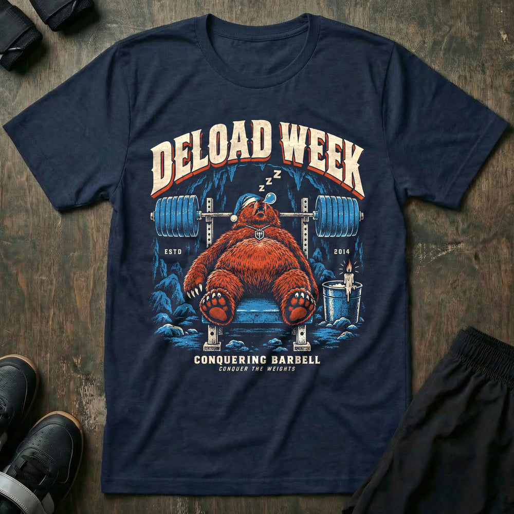 Deload Week - Tee front graphic in Navy with a bear in a nightcap asleep on the bench under a loaded barbell - Conquering Barbell