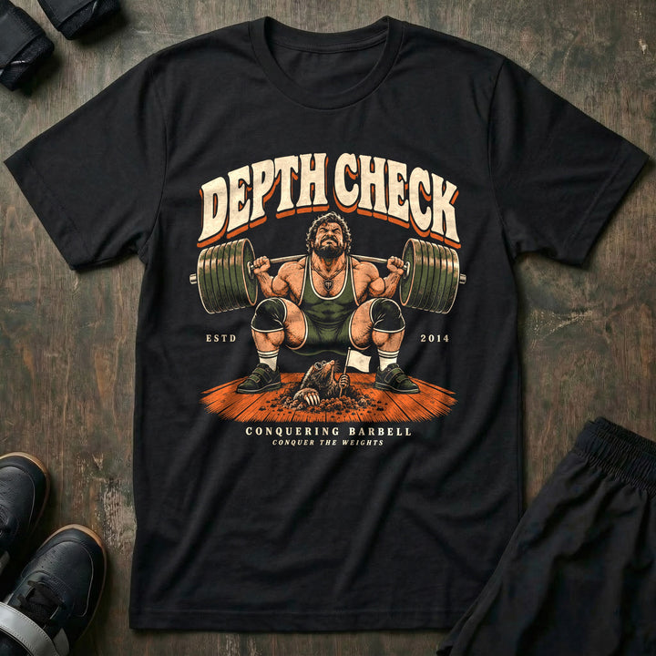 Depth Check - Tee front graphic in Black with a lifter in a deep squat while a mole waves a white flag from the platform - Conquering Barbell