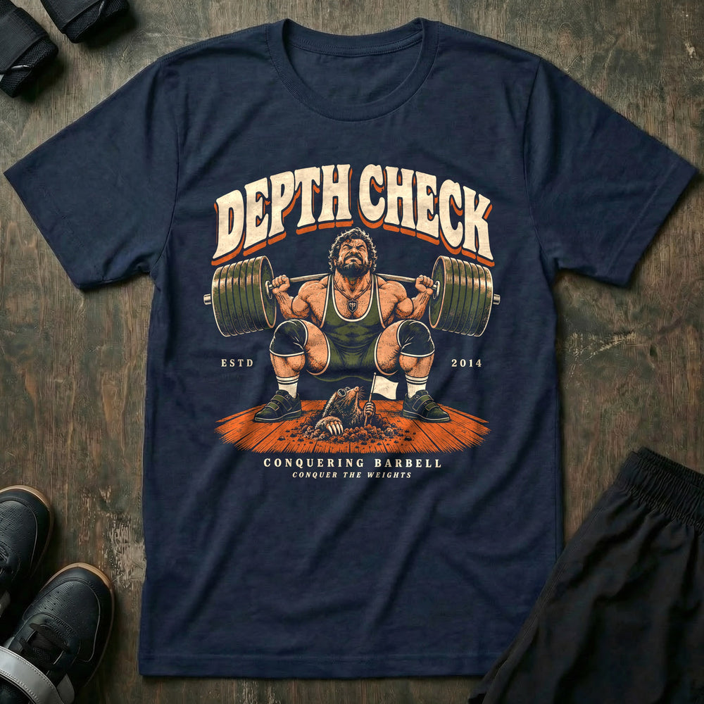 Depth Check - Tee front graphic in Navy with a lifter in a deep squat while a mole waves a white flag from the platform - Conquering Barbell