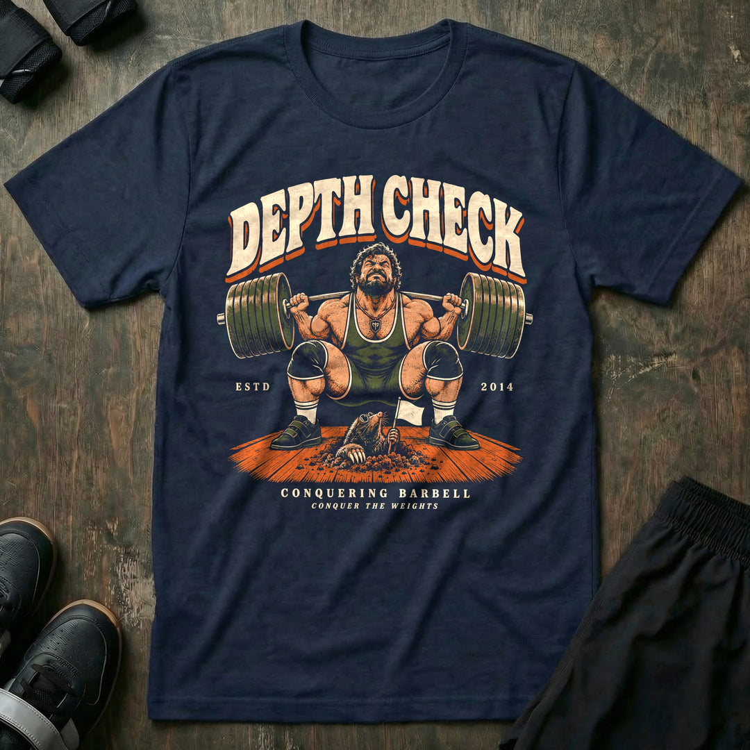 Depth Check - Tee front graphic in Navy with a lifter in a deep squat while a mole waves a white flag from the platform - Conquering Barbell