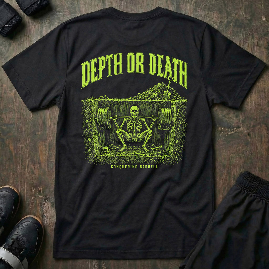 Depth or Death tee in Black: a skeleton buried beneath the surface